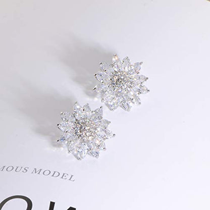 Crystal Flower Burst Stud Earirings - Big Sterling Silver CZ Cubic Zirconia Rhinestone Daisy Sunflower Floral Cluster Studs Bridal Wedding Party Prom Costume Jewelry for Bride Bridesmaids Women Birthstone Birthday Gift - color: Silver