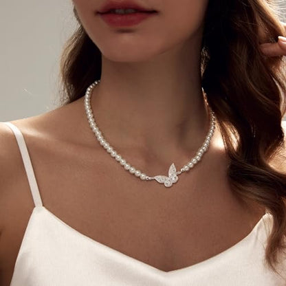 Zeffy Pearl Necklace 4MM/6MM/8MM Dainty Round Imitation Pearl Choker Necklace Wedding Pearl Necklace Delicate Jewelry for Women Simple Bridesmaid Jewelry Gifts - style: 6mm Silver Butterfly Pearl Necklace(18"+2")