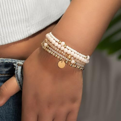 5Pcs Gold Plated Beaded Bracelets Set Boho Beaded Stretch Bracelets For Women Stackable Crystal Handmade Friendship Braeclet Jewelry Gifts