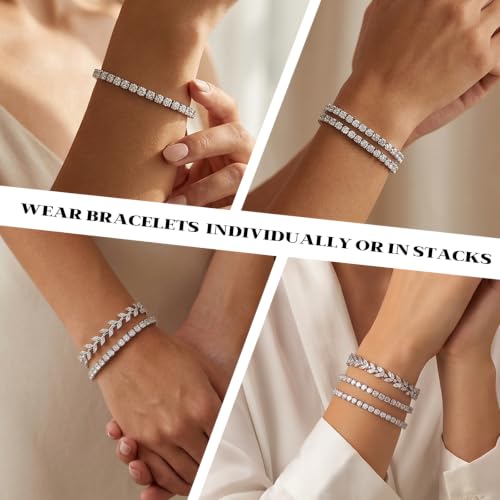 GEMOSA 3 Pcs Tennis Bracelets for Women Silver Gold Bule CZ Braclet Set | Marquise Cubic Zirconia CZ Diamond, Dainty Adjustable Silver Gold Bule Bracelets, for Women Brides, Stackable Fashion Jewelry - color: White