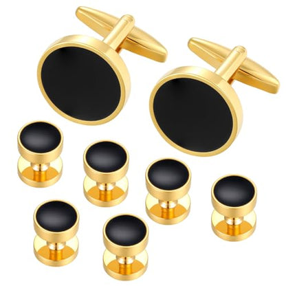 Cufflinks for Men and Tuxedo Shirt Studs Set with Gift Box Stainless Steel Cuff links - style: Gold/Black
