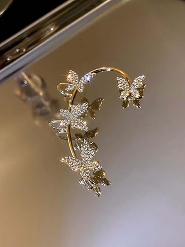 2Pcs Butterfly Ear Cuffs Rhinestone Clip On Earrings | Rhinestone butterfly ear cuffs with non piercing clip on design; silver ear wrap climber jewelry for parties and weddings - style: Style B Gold