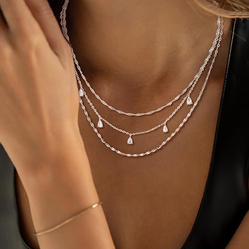 Layered Necklaces for Women, Dainty Gold Necklace Stack 14k Gold Plated Layering CZ Chain Choker Necklaces for Women Trendy Simple Non Tarnish Gold Necklaces Set Fashion Bridal Prom Jewelry - color: set3-silver