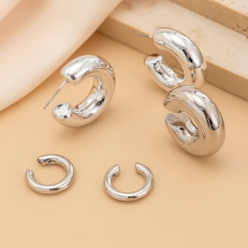 Chunky Gold Huggie Earrings Sets for Women Vinatge Non Piercing Ear Cuff Statement Earrings Personalized Large Clip On Hoop Earrings Fashion Jewelry - color: Silver