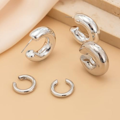 Chunky Gold Huggie Earrings Sets for Women Vinatge Non Piercing Ear Cuff Statement Earrings Personalized Large Clip On Hoop Earrings Fashion Jewelry - color: Silver