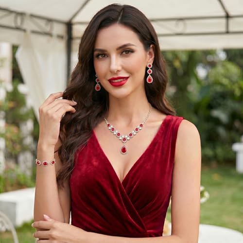 Paxuan Silver/Gold Rhinestone Crystal Wedding Bridal Bridesmaids Earrings Bracelet Set for Women Brides Bridesmaids Crystal Rhinestone Bracelet Earrings Set for Wedding Bridal Prom Pageant - color: Red