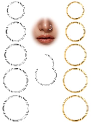 10Pcs 18G 20G Surgical Steel Nose Rings Hoops for Women Men Hinged Seamless Clicker Nose Hoops Cartilage Helix Tragus Daith Sleeper Earrings Hoop Hypoallergenic Nose Piercing 6/7/8/9/10MM - color: silver and gold, size: 20G