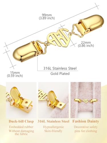 Custom4U Personalized Sweater Clips for Cardigans, Custom Name Initials Cinch Clip, Stainless Steel Dress Clips Back Cinch Shirt Clips for Women Clothing, Shawl Dress Shirts Cincher Small Brooch Jewelry Gifts - color: Gold Color-Heart