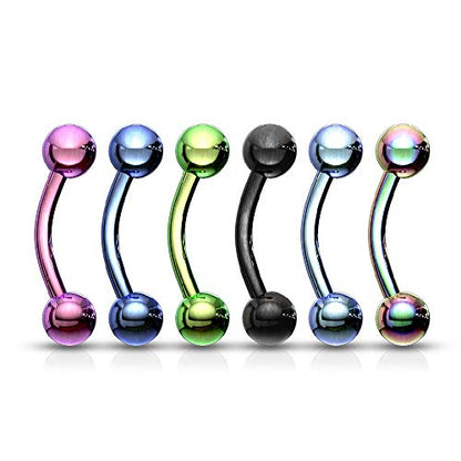 Pierced Owl - Set of Six (6) 16G Titanium Plated Stainless Steel Assorted Colors Ball End Curved Eyebrow Rings - style: Length: 8mm (5/16")