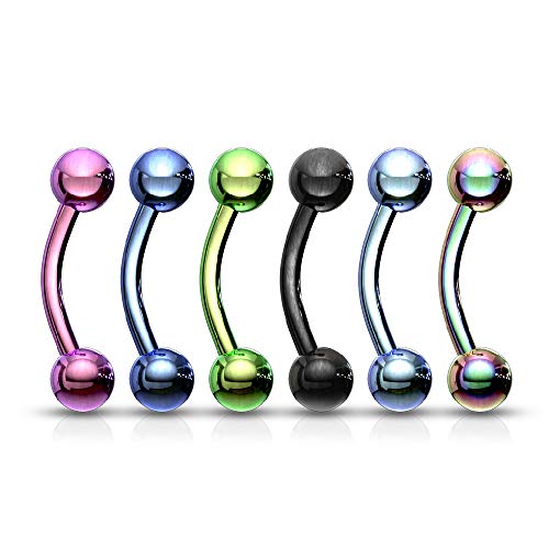 Pierced Owl - Set of Six (6) 16G Titanium Plated Stainless Steel Assorted Colors Ball End Curved Eyebrow Rings - style: Length: 10mm (3/8")
