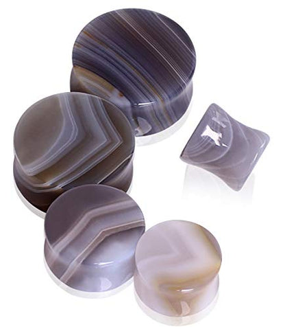 Pierced Owl - Natural Grey Agate Stone Saddle Plugs, Sold as a Pair - style: 4mm (6GA)