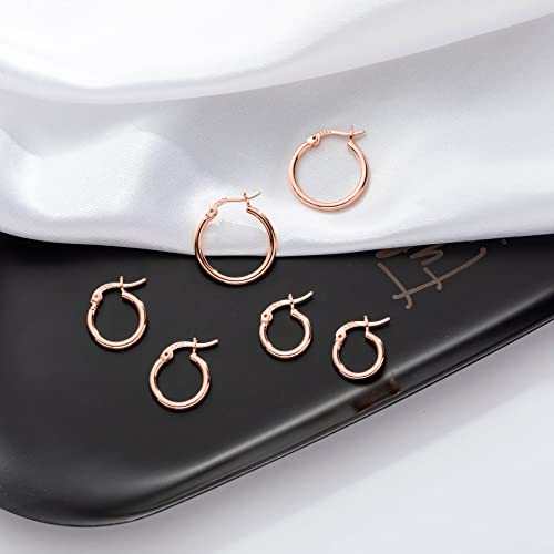 PABBEU 925 Sterling Silver Small Hoop Earrings Set for Women Hypoallergenic | 3Pairs Cubic Zirconia Small Huggie Hoop Earrings Set 13/15/20mm,Nickel-Free Lightweight Comfortable Sleeper Earrings Gift Set - color: 13/15/20mm T Rose Gold