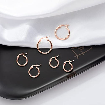 PABBEU 925 Sterling Silver Small Hoop Earrings Set for Women Hypoallergenic | 3Pairs Cubic Zirconia Small Huggie Hoop Earrings Set 13/15/20mm,Nickel-Free Lightweight Comfortable Sleeper Earrings Gift Set - color: 13/15/20mm T Rose Gold