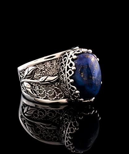 Filigranist 925 Sterling Silver Filigree Art Lace Embroidery Tulip Detailed Gemstone Women Cocktail Ring, Luxurious Gift Boxed - color: Lapis Lazuli