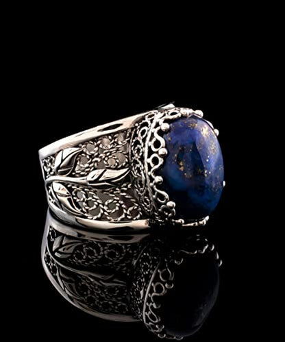 Filigranist 925 Sterling Silver Filigree Art Lace Embroidery Tulip Detailed Gemstone Women Cocktail Ring, Luxurious Gift Boxed - color: Lapis Lazuli