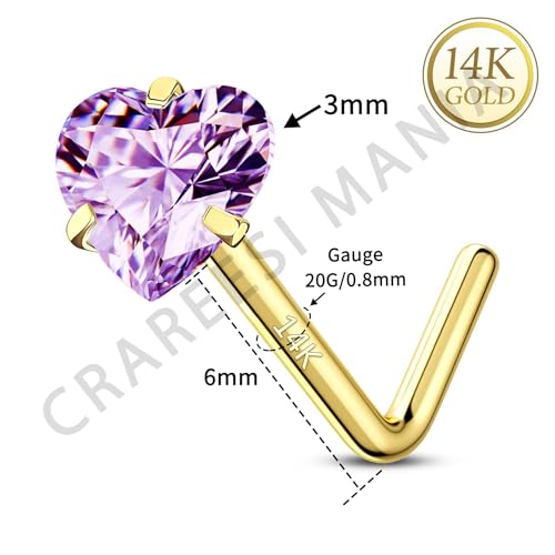 14K Real Gold Nose Studs 20G Nose Rings Studs L Shaped Nose Rings for Women Men Diamond CZ Nose Piercing - color: Yellow Gold-Heart PPCZ