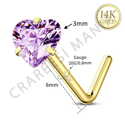 14K Real Gold Nose Studs 20G Nose Rings Studs L Shaped Nose Rings for Women Men Diamond CZ Nose Piercing - color: Yellow Gold-Heart PPCZ