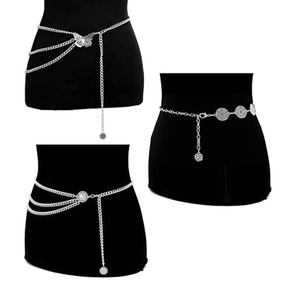 3 Pcs Gold Chain Belt for Women, Adjustable Waist Chain with Clover Butterfly Disc Pendants, Body Jewelry, Boho Belts for Women, Summer Beach Party - color: Silver