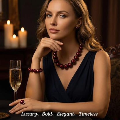 Pearl Jewelry Set for Women Pearl Necklace and Earring Set Bridal Jewelry Set for Wedding Elegant Pearl Jewelry - color: A1：SET-4-Burgundy