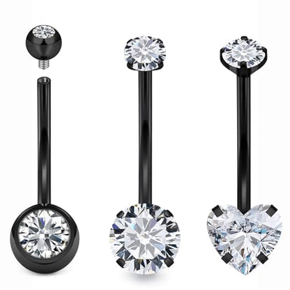 Belly Button Rings Surgical Steel Internally Threaded Belly Button Ring 10MM/12MM/14MM/16MM Navel Rings for Women Clear CZ 14G Long Bar Navel Piercing Jewelry - color: black, size: 16mm bar length