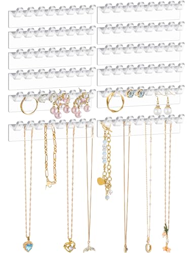 NiHome 12 Pack Wall Mounted Jewelry Organizer Earring Holder Clear Adhesive | Features 96 Hanging Hooks for Neat Storage of Necklaces and Bracelets in Closet or Bathroom - color: Clear-12PCS