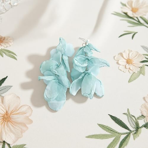 Handmade Bohemian Lightweight Fabric Flower Dangle Drop Earrings Chic Pearl Large Tassel Petal Stud Earrings For Women - color: Mint Blue