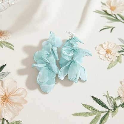 Handmade Bohemian Lightweight Fabric Flower Dangle Drop Earrings Chic Pearl Large Tassel Petal Stud Earrings For Women - color: Mint Blue