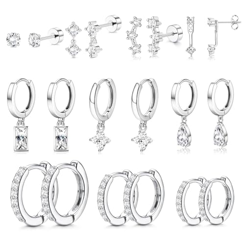 Stainless Steel Stud Earrings Set for Women Hypoallergenic Flat Back Cartilage Earrings Screw Back Huggie Hoop Earrings Multiple Piercing Cubic Zirconia Helix Tragus Jewelry - color: Set-E-Silver