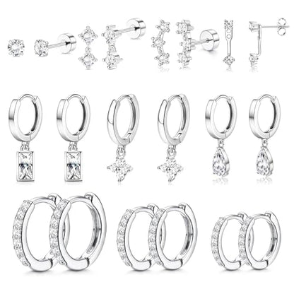 Stainless Steel Stud Earrings Set for Women Hypoallergenic Flat Back Cartilage Earrings Screw Back Huggie Hoop Earrings Multiple Piercing Cubic Zirconia Helix Tragus Jewelry - color: Set-E-Silver