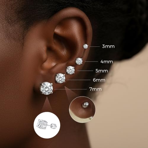 5 Pairs Screw Back Stud Earrings Set, Cubic Zirconia Stud Earring for Women Men Hypoallergenic 316L Surgical Stainless Steel Round Cut CZ 3-7mm - color: White Gold Plated