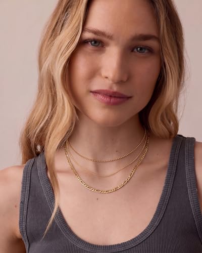 Tewiky Layered Necklaces for Women 14k Gold Plated Chain Necklace Set | Chunky Herringbone/Snake/Rope/Box/Cuban Link Chain for Women, Layering Stack Choker Necklace, Dainty Jewelry Set Non Tarnish - color: 3 Bead Cuban Figaro Gold