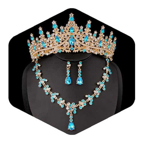 Crystal Crown and Tiara Jewelry Set for Women Bride with Necklace Earrings | Metal Rhinestone Royal Queen Princess Jewelry Set Wedding Quinceanera Pageant Prom Birthday Halloween Party Costume Gift - color: Style E-Light Blue