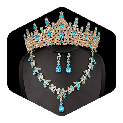 Crystal Crown and Tiara Jewelry Set for Women Bride with Necklace Earrings | Metal Rhinestone Royal Queen Princess Jewelry Set Wedding Quinceanera Pageant Prom Birthday Halloween Party Costume Gift - color: Style E-Light Blue
