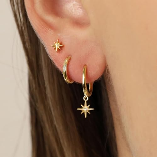 Freekiss 3 Pairs Hoop Earrings Set - Dainty Stud Dangle Cartilage for Women | Hypoallergenic Earrings, Cubic Zirconia Stackable Trendy Small Set Jewelry Gifts for Women - style: star dangle earrings-GD