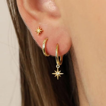 Freekiss 3 Pairs Hoop Earrings Set - Dainty Stud Dangle Cartilage for Women | Hypoallergenic Earrings, Cubic Zirconia Stackable Trendy Small Set Jewelry Gifts for Women - style: star dangle earrings-GD