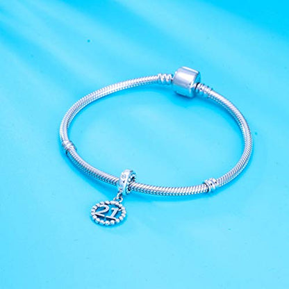 5,10,15,16,17,18,20,21,25,30,35,40,42,49,50,55,60,65,70 Number Charms for European Bracelet, 925 Sterling Silver Birthday Pendant Beads with CZ, Gifts for Mothers Day/Anniversary - color: Number 21 Charm