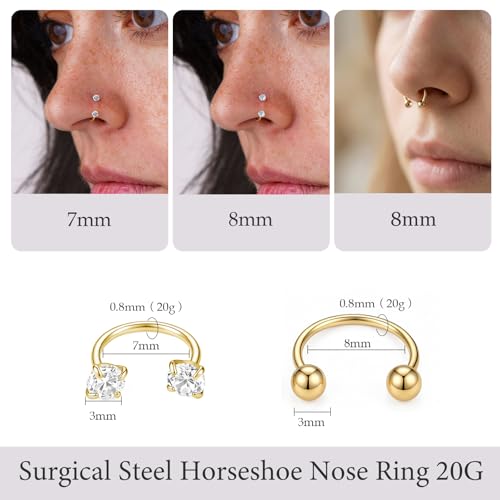 Titanium Horseshoe Nose Ring 20g, Gold Silver Nose Rings Hoops with Double CZ Gems Hypoallergenic Septum Ring for Women Men, Small Cartilage Helix Tragus Daith Labret Piercing Jewelry 7mm 8mm 9mm - color: Gold-Ball+CZ HNR