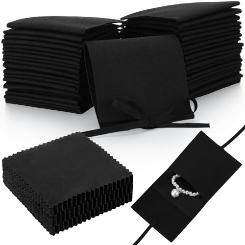 120 Pcs Microfiber Jewelry Pouch 8 x 8cm Jewelry Packaging Bag Gift Bow Tie Bracelet with Cleaning Cloth(Black) - color: Black