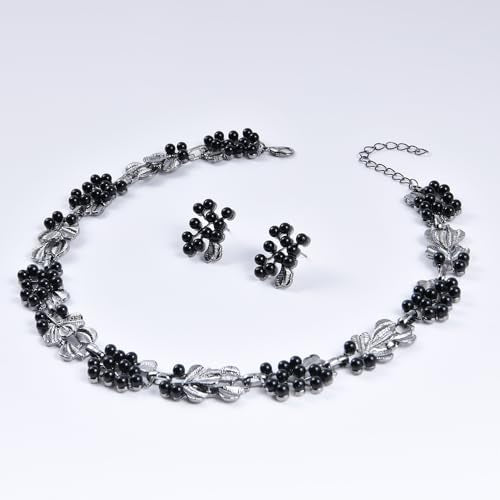 Fashion Bride Silver Gold Plated Black 1920s Leaf Faux Pearls Necklace Earrings Set Wedding Jewelry Set Sparkly Choker Necklace Stud Earrings Set for Women Christmas Gift Set for Women Necklace and Earrings - color: Black
