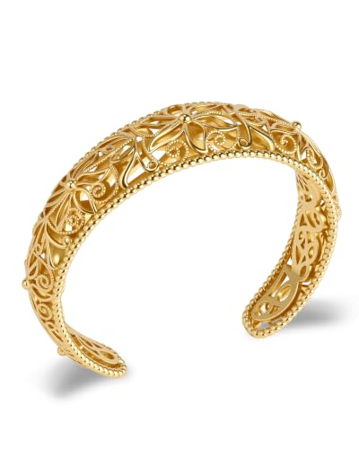 Intricate Floral Pattern Cuff Bracelet for Women - Sterling Silver Bangle, Bohemian Chunky Wide Bracelet Silver & Gold - color: Gold-A