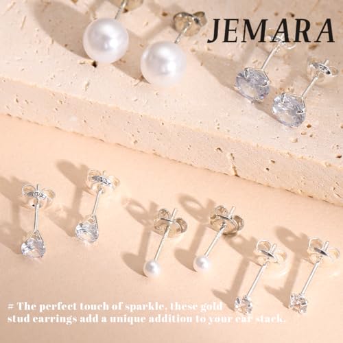 JEMARA Sterling Silver Stud Earrings for Women Pearl Earrings Non Tarnish | Hypoallergenic 925 Sterling Silver Pearl Cubic Zirconia Studs Set Trendy Earrings for Sensitive Ears 6 Pairs - color: 6Pairs Pearl+CZ-Silver