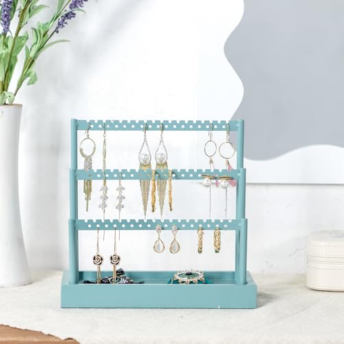 SANY DAYO HOME 3-Tier Earring Holder Organizer Stand, 105 Holes Teal Blue Metal Earring Rack Jewelry Display Tree with Wood Tray for Women and Girls - color: Teal Color Rack and Base