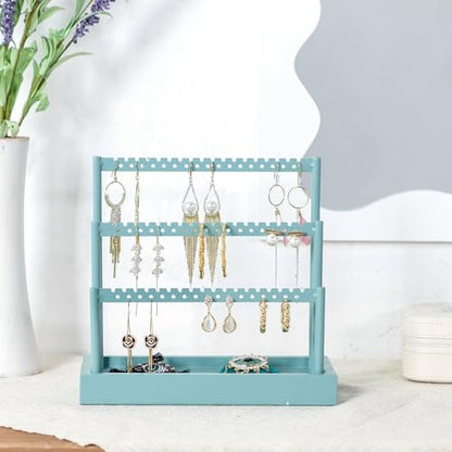 SANY DAYO HOME 3-Tier Earring Holder Organizer Stand, 105 Holes Teal Blue Metal Earring Rack Jewelry Display Tree with Wood Tray for Women and Girls - color: Teal Color Rack and Base