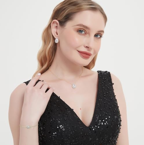 Teardrop Cubic Zirconia Jewelry Set Necklace Earrings Bracelet Bridal Wedding Jewelry for Women Bridesmaid Prom Party - color: 3 Set-18K Gold
