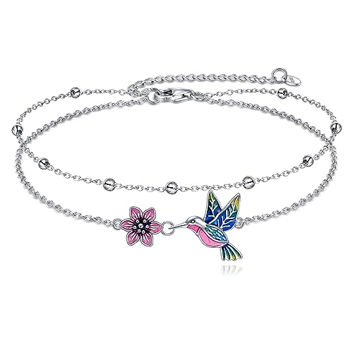 YAFEINI Anklet Bracelets for Women Girls Sterling Silver Hummingbird/Dragonfly/Butterfly Link Chain Anklets Jewelry Gifts - color: Layered hummingbird anklets