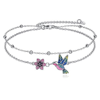 YAFEINI Anklet Bracelets for Women Girls Sterling Silver Hummingbird/Dragonfly/Butterfly Link Chain Anklets Jewelry Gifts - color: Layered hummingbird anklets