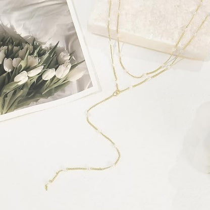 HERIER Lariat Gold Necklace for Women, Dainty Long Necklace 14k Gold Plated/Silver Y-Shaped Layered Beaded Chain Drop Necklaces for Women Trendy Simple Gold Jewelry for Women Gifts - color: Y Layered Pearl Jewelry-Gold