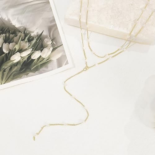 HERIER Lariat Gold Necklace for Women, Dainty Long Necklace 14k Gold Plated/Silver Y-Shaped Layered Beaded Chain Drop Necklaces for Women Trendy Simple Gold Jewelry for Women Gifts - color: Y Layered Pearl Necklace-Gold