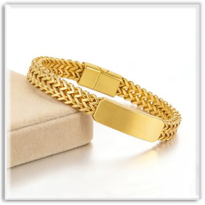 Xusamss Mens Cuban Link Bracelet Stainless Steel Double Layer Chain Jewelry Heavy Blank Bar Design Link Bracelet for Men - color: Gold