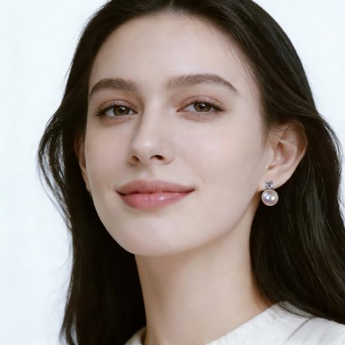 Faux Pearl Cubic Zirconia Stud Earrings, Hypoallergenic Lightweight Round Pearl Studs for Women - color: Pinkish White, size: Pearl 12mm-CZ 6mm